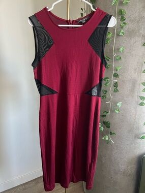 French Connection Burgundy Midi Dress with Black Mesh Insets
